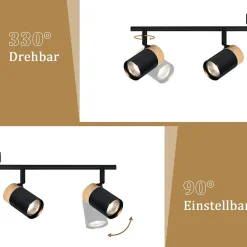 NETTLIFE Plafonnier 4 spots bois GU10 noir orientable pour salon chambre cuisine chambre d'enfant sans ampoule