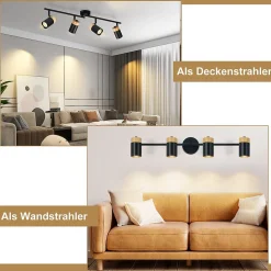 NETTLIFE Plafonnier 4 spots bois GU10 noir orientable pour salon chambre cuisine chambre d'enfant sans ampoule
