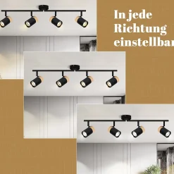 NETTLIFE Plafonnier 4 spots bois GU10 noir orientable pour salon chambre cuisine chambre d'enfant sans ampoule