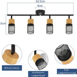 NETTLIFE Plafonnier bois E14 Lampe de plafond orientable Applique murale vintage Lampe de cuisine Orientable sans ampoule