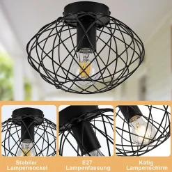 NETTLIFE Plafonnier cage noire spot de plafond vintage E27 douille métal