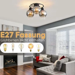NETTLIFE Plafonnier Chambre E27 Gris Fumé Verre Cristal Moderne Salle à Manger