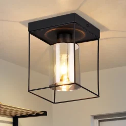 NETTLIFE Plafonnier couloir plafonnier verre 1 ampoule E27 vintage avec métal noir style industriel rétro
