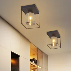 NETTLIFE Plafonnier couloir plafonnier verre 1 ampoule E27 vintage avec métal noir style industriel rétro