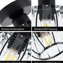 NETTLIFE Plafonnier Cristal Noir Moderne E27 Lampe de Cuisine Vintage avec Cadre en Métal