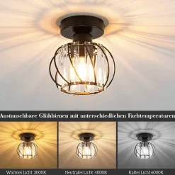 NETTLIFE Plafonnier Cristal Noir Moderne E27 Lampe de Cuisine Vintage avec Cadre en Métal