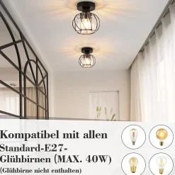 NETTLIFE Plafonnier Cristal Noir Moderne E27 Lampe de Cuisine Vintage avec Cadre en Métal