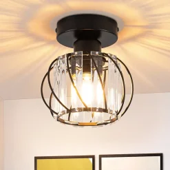 NETTLIFE Plafonnier Cristal Noir Moderne E27 Lampe de Cuisine Vintage avec Cadre en Métal