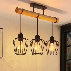 NETTLIFE Plafonnier de salon vintage en bois : noir Lampe de salon au design industriel en métal E27 Ampoule non incluse