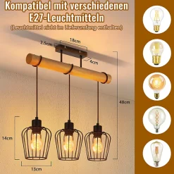 NETTLIFE Plafonnier de salon vintage en bois : noir Lampe de salon au design industriel en métal E27 Ampoule non incluse