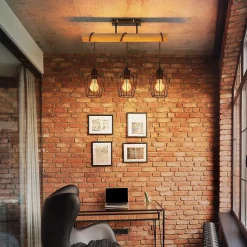 NETTLIFE Plafonnier de salon vintage en bois : noir Lampe de salon au design industriel en métal E27 Ampoule non incluse