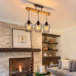 NETTLIFE Plafonnier de salon vintage en bois : noir Lampe de salon au design industriel en métal E27 Ampoule non incluse