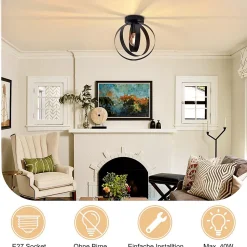 NETTLIFE Plafonnier E27 Métal Industriel Noir Couloir Lampe de Rétro Table à Manger Vintage Abat-Jour Intérieur Salon Chambre