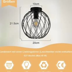 NETTLIFE Plafonnier industriel noir lampe de couloir vintage rond E27 1 ampoule rétro métal