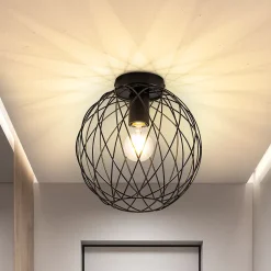 NETTLIFE Plafonnier industriel noir lampe de couloir vintage rond E27 1 ampoule rétro métal