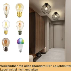 NETTLIFE Plafonnier industriel noir lampe de couloir vintage rond E27 1 ampoule rétro métal