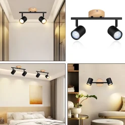 NETTLIFE Plafonnier LED 2 flamme - Noir Plafonnier GU10 Spot pivotant Applique murale en bois Spot mural pour salon Sans ampoule