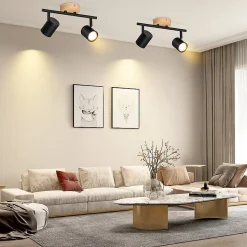 NETTLIFE Plafonnier LED 2 flamme - Noir Plafonnier GU10 Spot pivotant Applique murale en bois Spot mural pour salon Sans ampoule