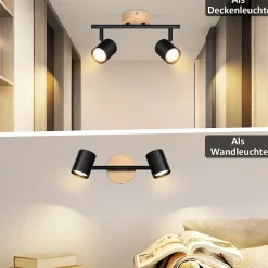 NETTLIFE Plafonnier LED 2 flamme - Noir Plafonnier GU10 Spot pivotant Applique murale en bois Spot mural pour salon Sans ampoule