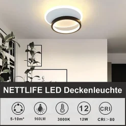 NETTLIFE Plafonnier LED 12 W Lampe de 3000 K Blanc Chaud Lampe de Chambre Lampe Design Moderne Plafond Salon Noir Rond pour