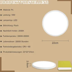 NETTLIFE Plafonnier LED Plat 22cm 18w à Intensité Variable Pour Chambre Cuisine 3000k - 6500k