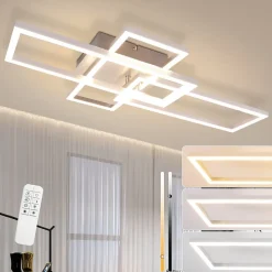 NETTLIFE Plafonnier LED Chambre Argent Dimmable 64CM 36W Géométrique Salon avec Télécommande