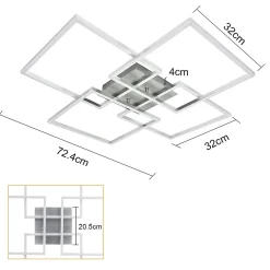 NETTLIFE Plafonnier LED Chambre Argent Dimmable 64CM 36W Géométrique Salon avec Télécommande