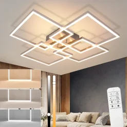 NETTLIFE Plafonnier LED Chambre Argent Dimmable 64CM 36W Géométrique Salon avec Télécommande