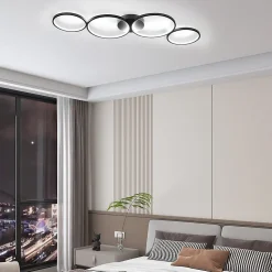 NETTLIFE Plafonnier LED Dimmable 100cm 4 Anneaux Moderne 56w Éclairage De Plafond Noir Avec Télécommande