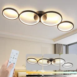 NETTLIFE Plafonnier LED Dimmable 100cm 4 Anneaux Moderne 56w Éclairage De Plafond Noir Avec Télécommande
