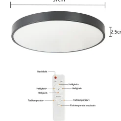 NETTLIFE Plafonnier LED dimmable avec télécommande 36W lampe de salle de bain noir IP44 étanche plat 37cm rond
