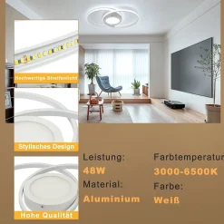 NETTLIFE Plafonnier LED Dimmable avec Télécommande 48W de Salon Blanc Design Chambre Lampe de Moderne pour Cuisine Bureau