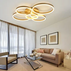 NETTLIFE Plafonnier LED de salon à intensité variable 78 W 3 000-6 500 K, 5 anneaux dorés en acrylique moderne avec télécommande