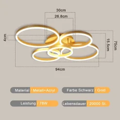 NETTLIFE Plafonnier LED de salon à intensité variable 78 W 3 000-6 500 K, 5 anneaux dorés en acrylique moderne avec télécommande