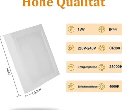 NETTLIFE Plafonnier LED 4000K 18W Blanc 23CM IP44 Lampe de Salle de Bain Lampe Moderne Carré Blanc Neutre Étanche pour Bureau