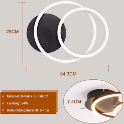 NETTLIFE Plafonnier LED Lampe de plafond 24W Design moderne rond blanc chaud 3000K noir 2 anneaux