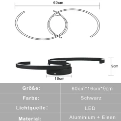 NETTLIFE Plafonnier LED Moderne 60 cm Noir 24 W Blanc Chaud Lampe de Salon pour Chambre Cuisine Couloir Salle à Manger