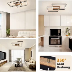 NETTLIFE Plafonnier LED Moderne Plafonnier Bois 3000K Blanc Chaud Noir Rectangle Design 24W