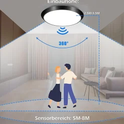 NETTLIFE Plafonnier LED noir, IP44, 15W, avec détecteur de mouvement intérieur, lampe ronde de cave 30 cm, 4000K