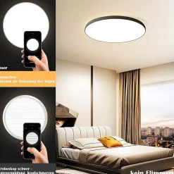 NETTLIFE Plafonnier LED plat, 30W, dimmable, noir, IP44, pour chambre, cuisine, cave 28 cm et salle de bain, avec télécommande