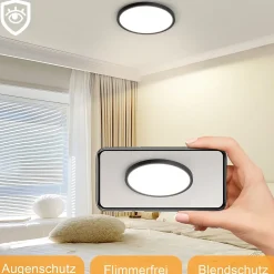 NETTLIFE Plafonnier LED Plat Pour Chambre à Coucher Noir 18cm 15w Lampe De Salle De Bain à Intensité Variable