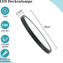 NETTLIFE Plafonnier LED plat 18 cm - 15 W, Noir, 6000 K - Éclairage moderne cuisine, couloir, chambre