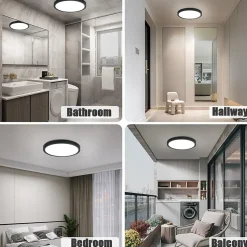 NETTLIFE Plafonnier LED plafonnier plat 22cm lampe salle de bain blanc froid lampe chambre noir 15W IP44