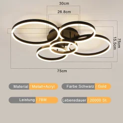 NETTLIFE Plafonnier LED pour salon, intensité variable, 78 W, 3 000-6 500 K, 5 anneaux, en acrylique doré, avec télécommande