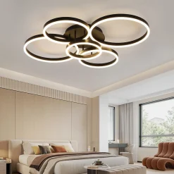 NETTLIFE Plafonnier LED pour salon, intensité variable, 78 W, 3 000-6 500 K, 5 anneaux, en acrylique doré, avec télécommande