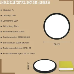 NETTLIFE Plafonnier LED Plat Noir 22cm 18w à Intensité Variable Pour Chambre à Coucher Cuisine 3000k - 6500k