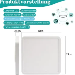 NETTLIFE Plafonnier LED plat 23CM 6500K 18W carré chambre blanc LED intégré en permanence