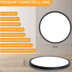 NETTLIFE Plafonnier LED Plat Pour Chambre à Coucher Noir 18 Cm 15 W Non Dimmable Blanc Chaud 3000 K
