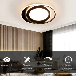 NETTLIFE Plafonnier LED Rond 66W Moderne 48,5 cm Chambre Noir Dimmable avec Télécommande Salon pour Cuisine Couloir Bureau
