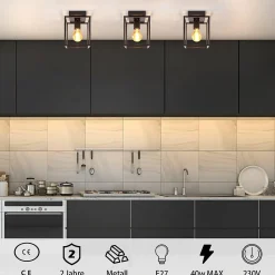 NETTLIFE Plafonnier LED Rétro Noir Lampe Industrielle pour Chambre Salon Lampe Vintage en Métal pour Couloir Salle à Manger 40 W